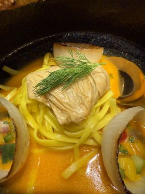 Tofu skin in khao soi  at Vegan Pranakhon in Bangkok