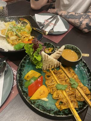 Satay and stir fried tofu  at Vegan Pranakhon in Bangkok