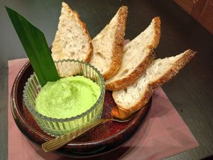 Pandan custard with sourdough at Vegan Pranakhon in Bangkok