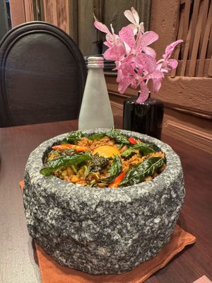 Spicy minced pork with vegan egg   at Vegan Pranakhon in Bangkok