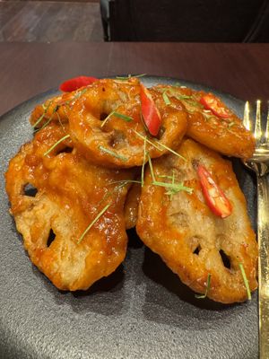Crispy lotus root   at Vegan Pranakhon in Bangkok