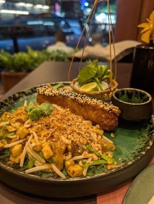 Pad Thai with fried fish (so good!) at Vegan Pranakhon in Bangkok