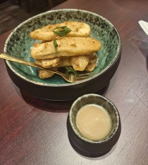 Thai-Styled Banana Fritters:
Shredded Coconut, Coconut Milk, Palm Sugar, Rice Flour, Wheat Flour, Tapioca Starch at Vegan Pranakhon in Bangkok