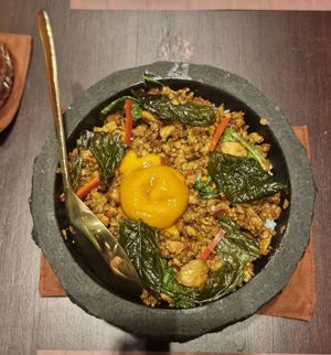 Stir-fried Thai Basil with Tofu Minced Pork & Vegan Egg Yolk at Vegan Pranakhon in Bangkok