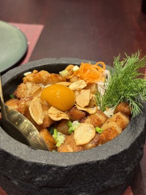 Pork belly bowl with egg (all vegan)  at Vegan Pranakhon in Bangkok