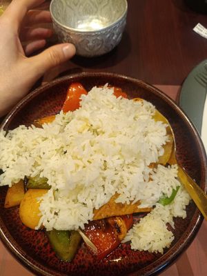 Curry with rice at Vegan Pranakhon in Bangkok