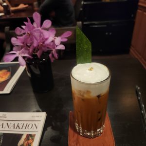 Thai Milk Tea with a THICC coconut foam at Vegan Pranakhon in Bangkok