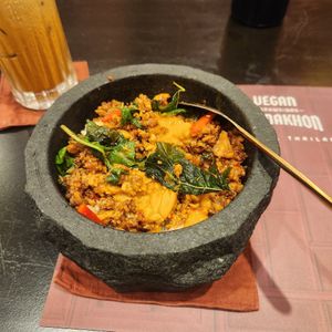 Stir-fried Thai Basil. Forgot to take a picture with the pretty "yolk" at Vegan Pranakhon in Bangkok