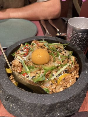 Stirfry mince with garlic. Faux egg on top was not particularly strong on flavour.   at Vegan Pranakhon in Bangkok