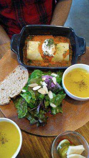 Lasagna roll and pumpkin soup w/ a side salad and bread at Cook and Book 쿡앤북 in Seoul
