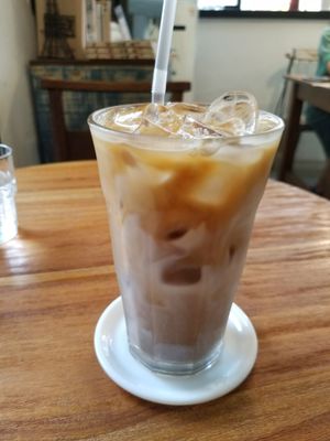 iced almond milk latte at Cook and Book 쿡앤북 in Seoul