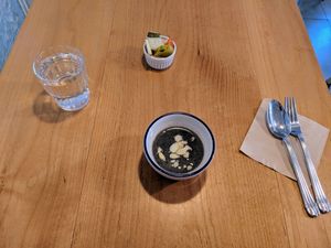 Pickled veggies and maybe black bean soup (not sure but it was delicious) at Cook and Book 쿡앤북 in Seoul
