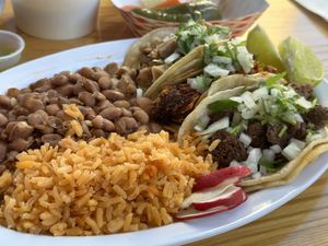 Three taco plate (asada, al pastor, chikin)  at BZ Taco in Redlands