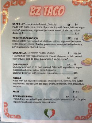 Menu page 2  at BZ Taco in Redlands
