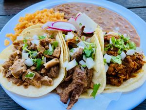 Taco trio with beans and rice at BZ Taco in Redlands