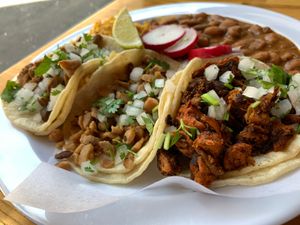 Three Taco Platter: choice of Protein (Guisada Taco, Chickin Taco, Al Pastor Taco), Beans & Rice at BZ Taco in Redlands