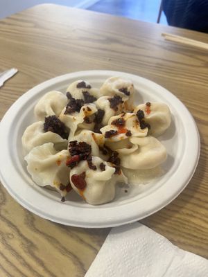 Vegetable dumplings with chili oil   at Today Food in San Francisco