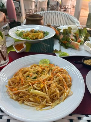 Vegetarian pad Thai and vegan summer rolls. Vegan masaman curry   at SB Kamala Beach Cafe Restaurant in Phuket