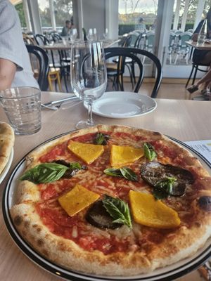 Super Mario pizza w/ vegan cheese  at Farm Vigano in Melbourne