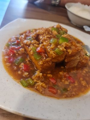 Deep fried tofu with minced meat ~ 6/8/23 at Zhenyi Veggie Place 真一素食坊 in Northeast Singapore