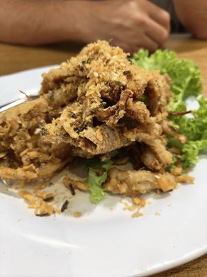 Pumpkin Abalone mushroom with"meat floss" at Zhenyi Veggie Place 真一素食坊 in Northeast Singapore