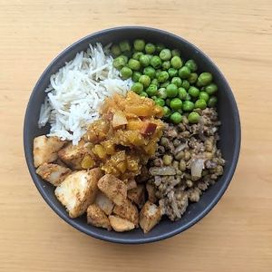 Samosa Bowl : Basmati Rice, Masala Peas, Mung Bean Dahl, Curried and Roasted Potatoes at Mâche Dining in Strathroy