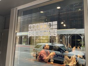 Front window  at Ground Central Coffee Company in New York City