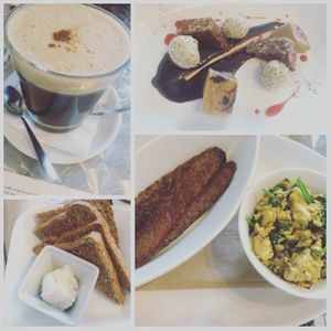 A selection from my first time at the brunch. Hot chicory drink, vegan 'scrambled eggs and bacon' with toast, and the dessert platter (a personal favourite of mine :P). at Doug McNish Public Kitchen in Toronto
