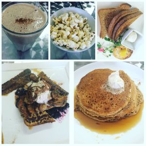 Round two at brunch -- cinnamon toast crunch smoothie, complementary popcorn (seriously amazing), vegan egg (food magic, I swear), French toast, and red fife pancakes (so delicious and homey -- a personal favourite of mine).  at Doug McNish Public Kitchen in Toronto