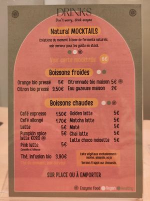Carte des boissons at Enzyme in Montpellier