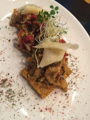 Cilantro/ginger kimchee on a vegetable pancakes. Absolutely wonderful! at 42 Degrés in Paris