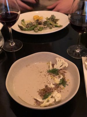 Appetizers: Asparagus platter and creamy cashew soup    at 42 Degrés in Paris
