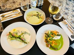 Asparagus with buckwheat biscuit, shingle like dish, asparagus velouté   at 42 Degrés in Paris