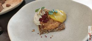 Almond cake with a vanilla cream to die for, accompanied by a lacto-fermented quince! at 42 Degrés in Paris