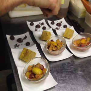 Dessert trio: citrus fruit salad, triple chocolate mousse, pumpkin and thyme cheesecake at 42 Degrés in Paris