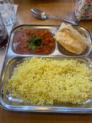 Chickpea curry, rice and poppadom  at Manjeera - Food Stall in Pontypridd