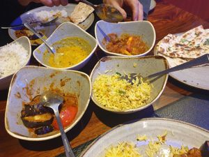 Tarka Dahl, Brinjal bahji, cauliflower bahji, aloo pilau. at Saji's  in Gateshead