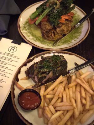 Chunk brand filet topped with mushrooms and accompanied with fries.   at R Bar in Asbury Park