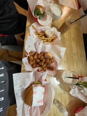 Burgers, tots, and fries with a hot and iced rocha and an iced chai latte #Veganuary at Shahar in Louisville
