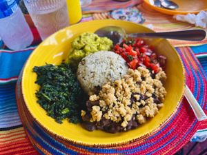 Delicious vegan buddha bowl with vegan cheese, spinach and guacamole. at Tito's Bitchin' Burritos & Sourdough Pizzas in Koh Samui