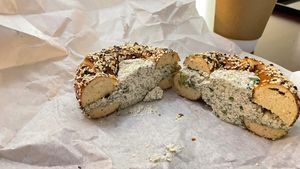 Everything Bagel with the Vegan Scallion Dill Schmear  at Bagelshop in Nashville