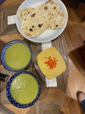 Water vichysoisse with potato and leek, pita bread, chilli & lime hummus   at Chef Victor Andrade in Amesbury