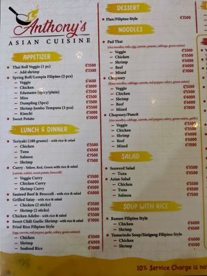 Menu at Anthony's Asian Cuisine in Tamarindo