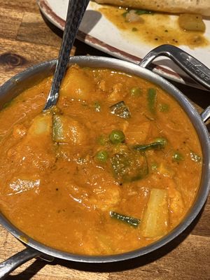 Vegetable korma.  They veganized it by not using cream.   Very good.  at MASKA in Hartsdale