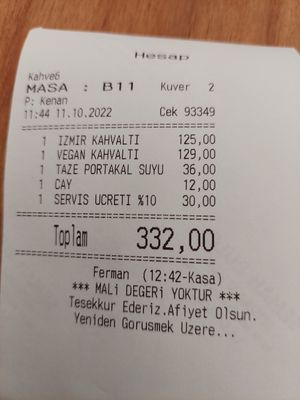 Invoice at Kahve 6 in Istanbul