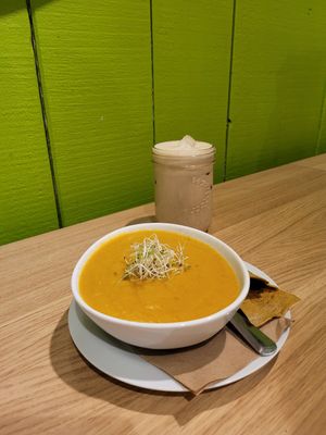 Carrot Ginger Soup + Iced Chai at The Green Moustache - Lorimer Rd in Whistler