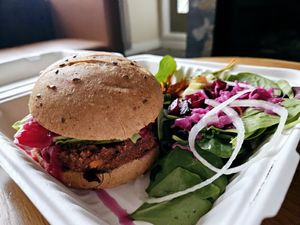 Big "Mo" Burger on GF Bun at The Green Moustache - Lorimer Rd in Whistler