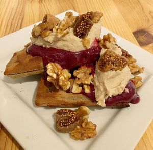 Banana and Buckwheat Waffles at The Green Moustache - Lorimer Rd in Whistler