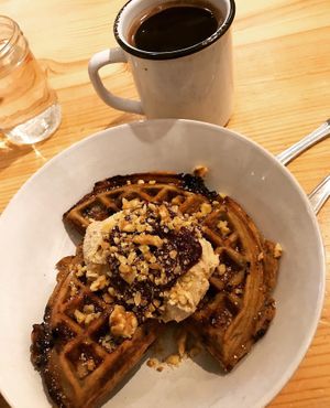 Buckwheat Waffles and coffee at The Green Moustache - Lorimer Rd in Whistler