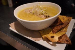 Broccoli soup & crackets  at The Green Moustache - Lorimer Rd in Whistler